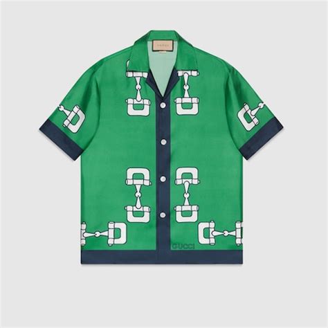 chemise en soie homme gucci|Chemise en soie imprimé Mors en vert et bleu .